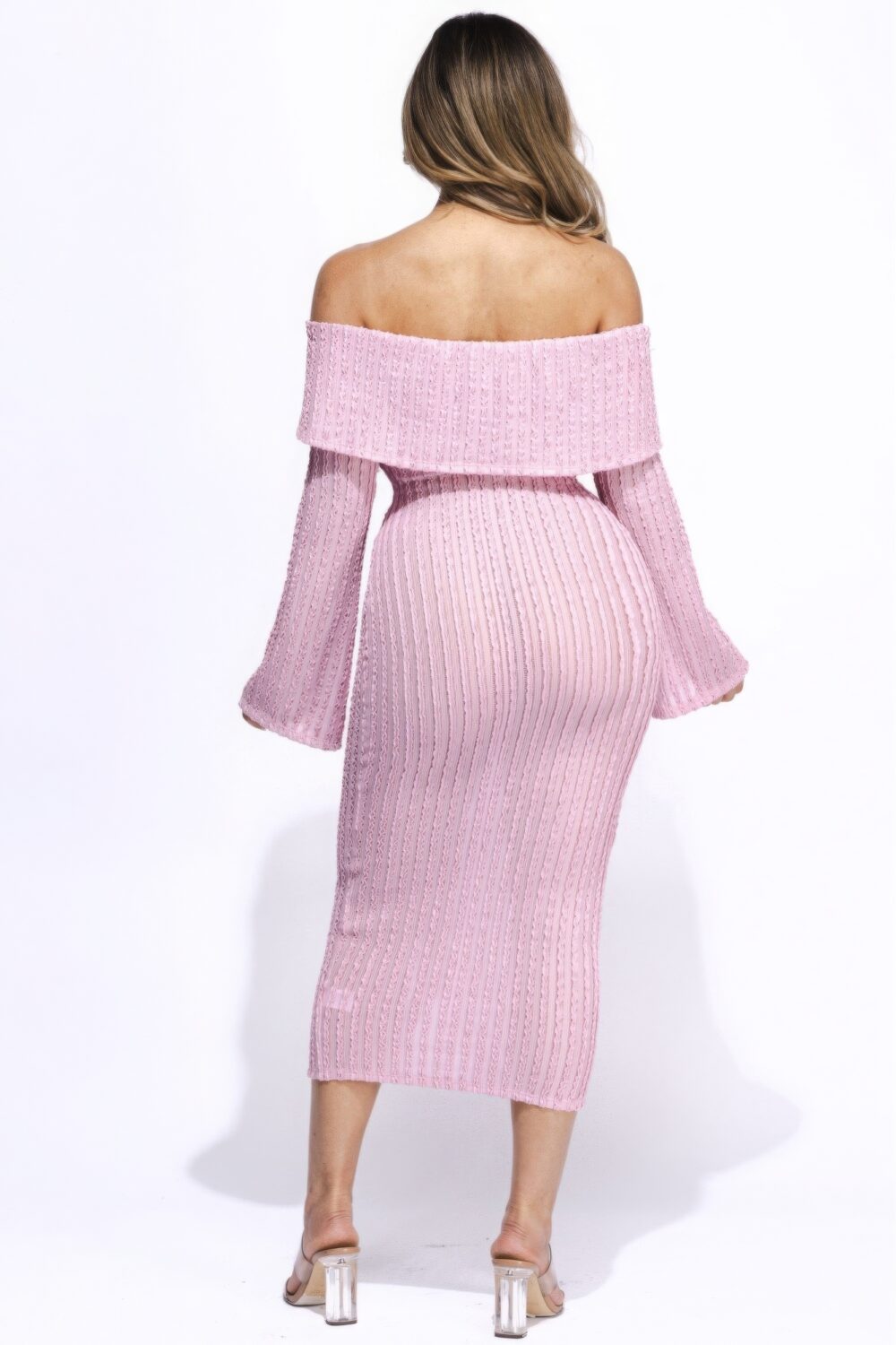 Ruffled Fabric Off Shoulder Midi Dress With Flared Sleeve pink