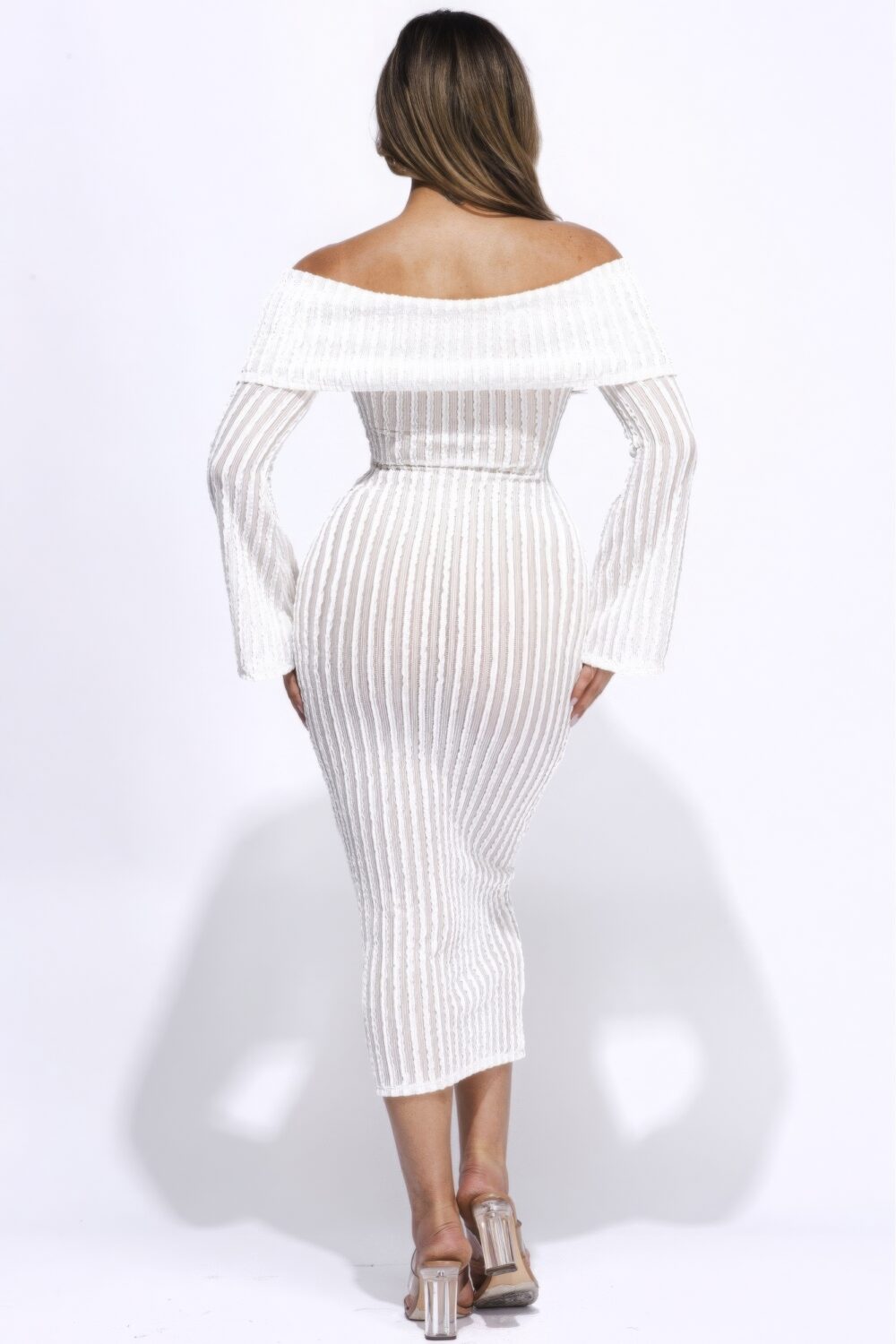 Ruffled Fabric Off Shoulder Midi Dress With Flared Sleeve white
