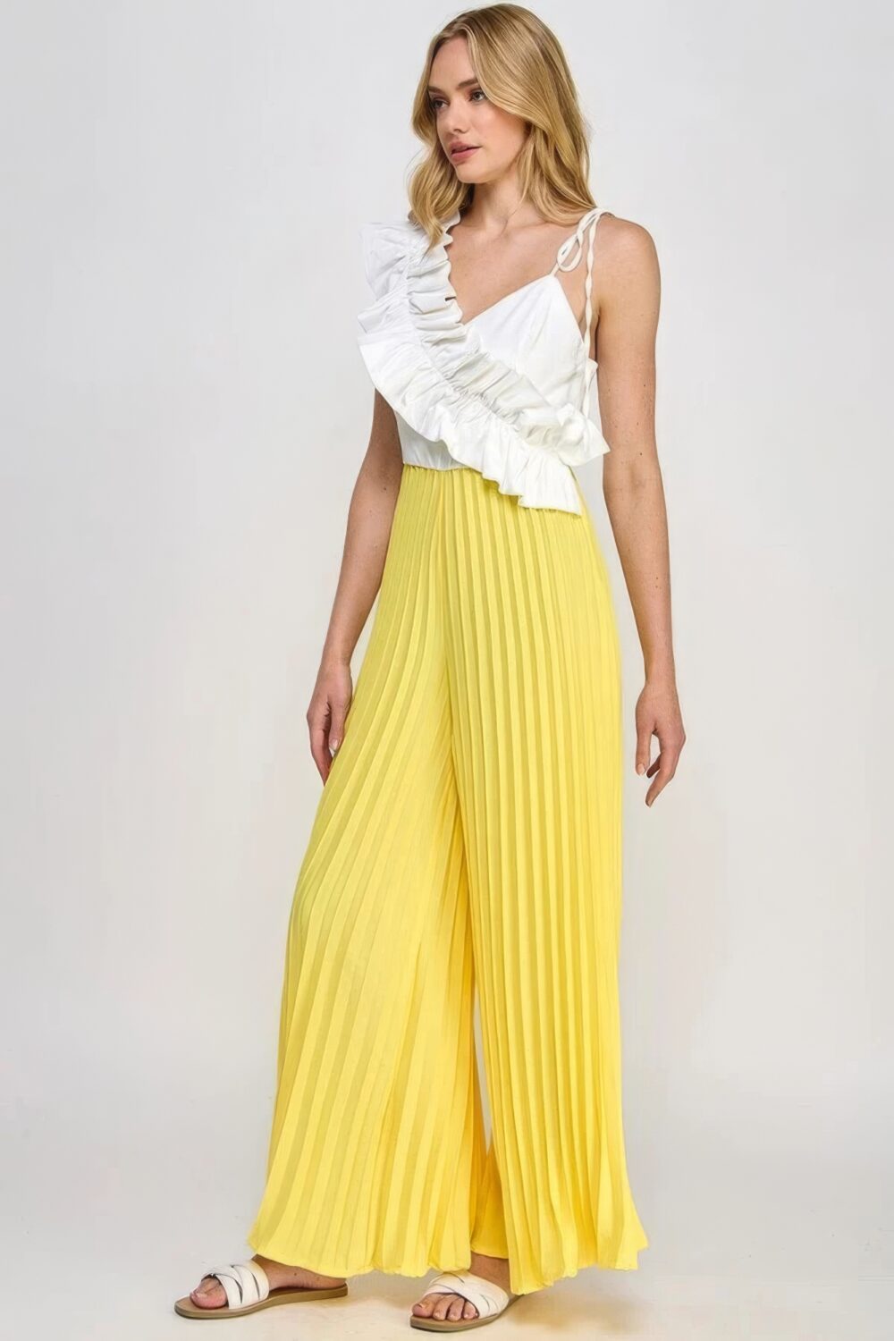 Cami Asymmetrical Ruffle Detail Pleated Bottom Jumpsuit yellow