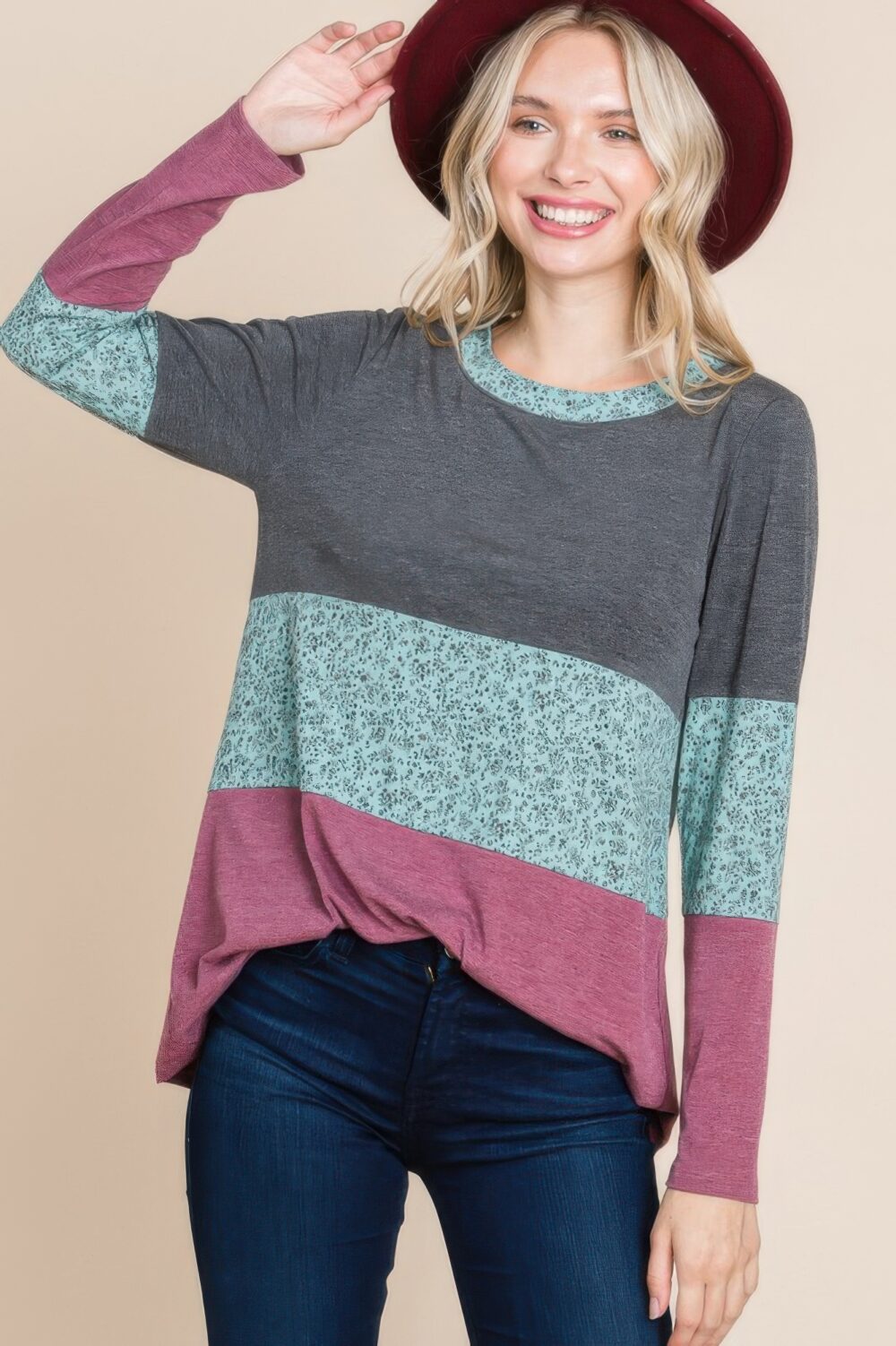 Colorblock Floral Contrast Long Sleeve Top - Image 2