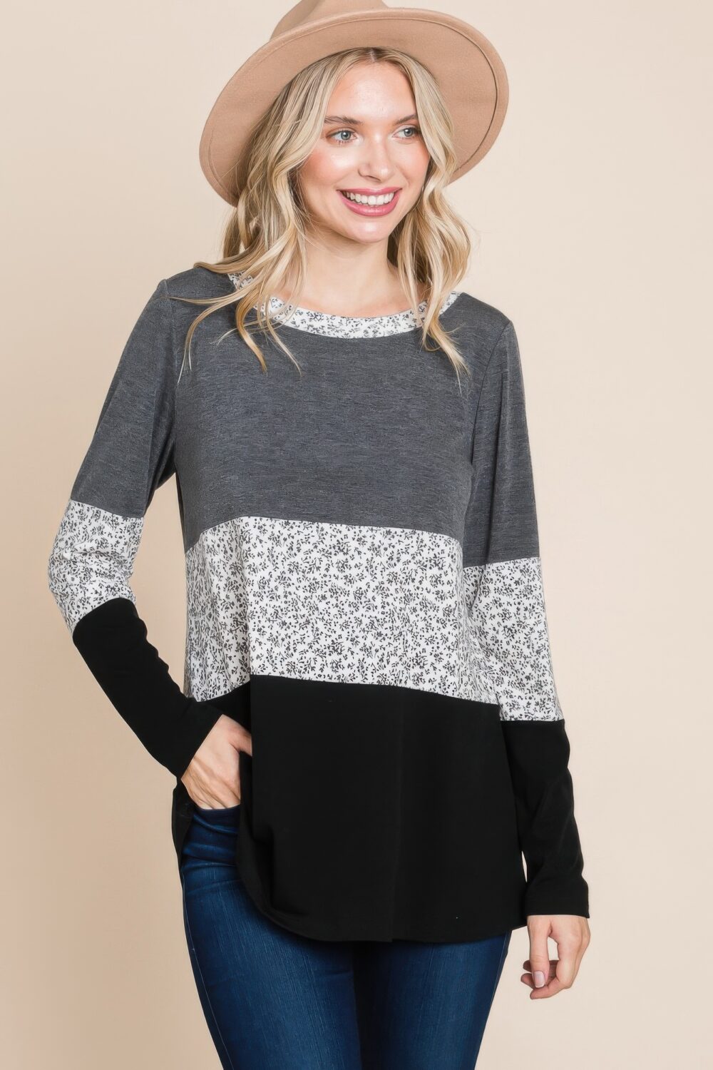 Colorblock Floral Contrast Long Sleeve Top - Image 8