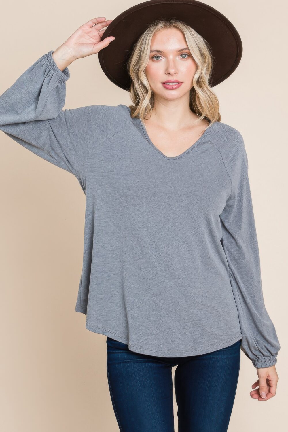 Casual V Neck Basic Long Sleeve Top - Image 2