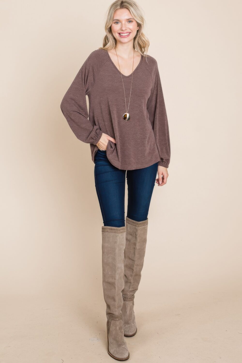 Casual V Neck Basic Long Sleeve Top - Image 12